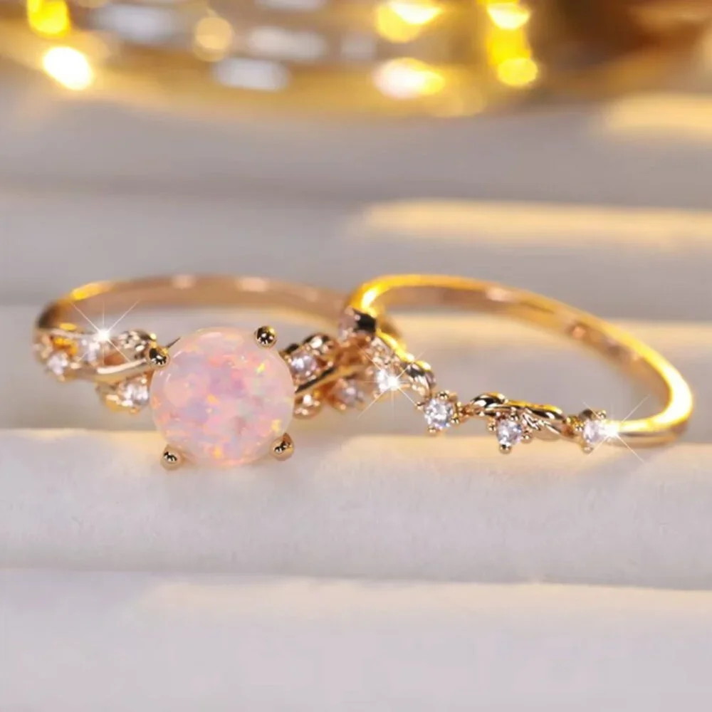 NEW 14k Gold Opal Diamond Ring Band Set of 2 Rings